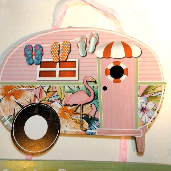 Retro Camper Welcome Sign Pink Flamingo Flip Flops Tropical tiki Coastal - Picture 3 of 5